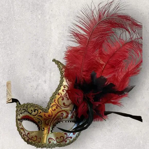Pier 1 Venetian Masquerade Mask Red Feather Gold Baroque Mardi Gras Costume - Picture 3 of 5